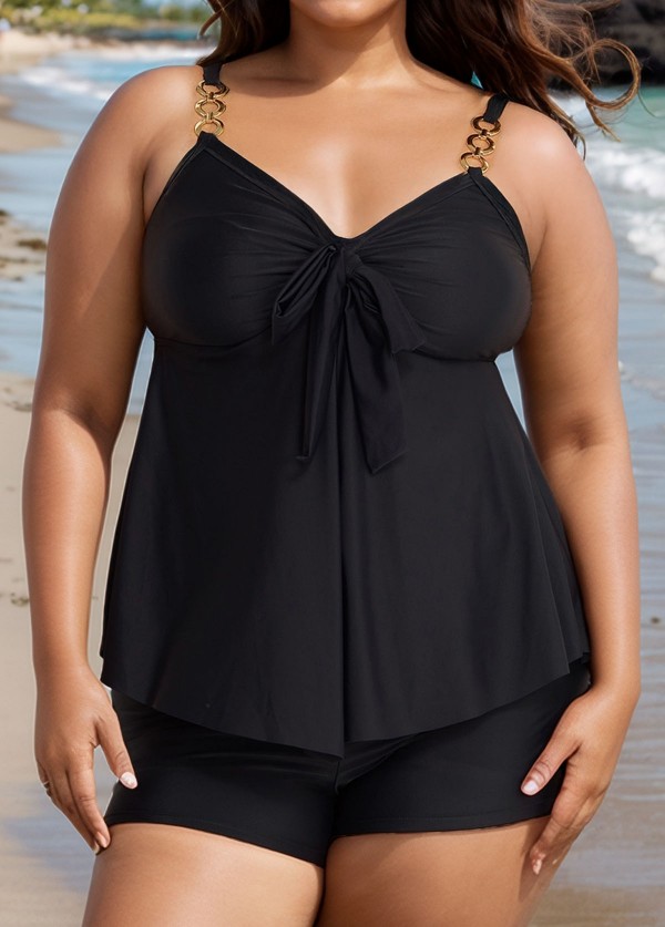 Black V Neck Ring Metal Ruched Front Tankini Top