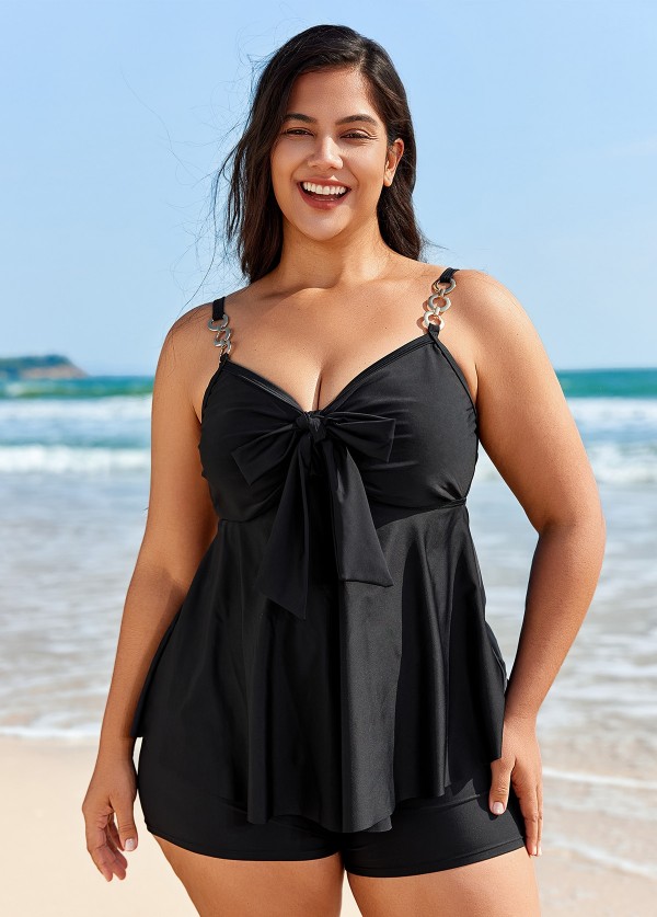Black V Neck Ring Metal Ruched Front Tankini Top