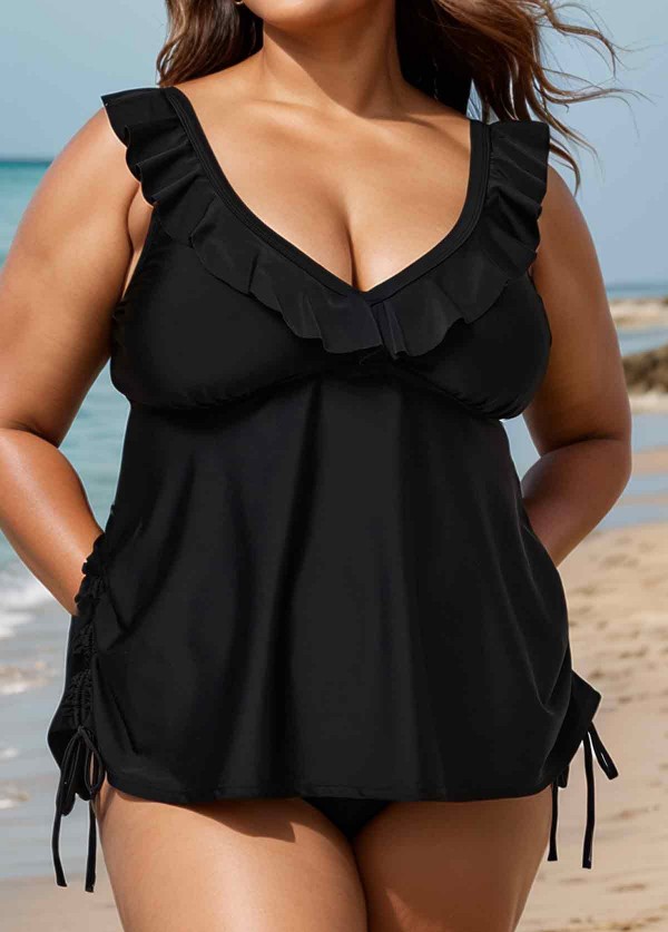 Black V Neck Plus Size Modest Ruffle Drawstring Tankini Swimsuit Top