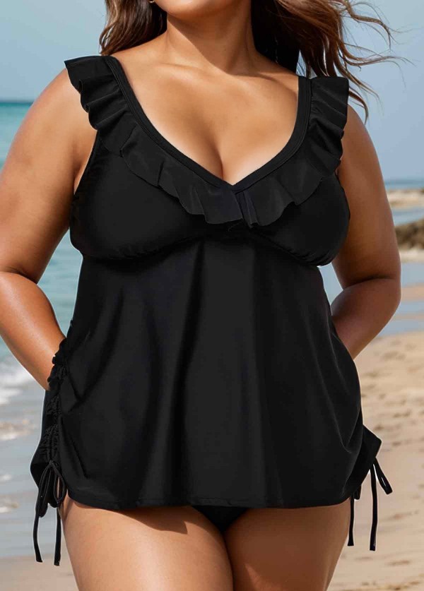 Black V Neck Plus Size Modest Ruffle Drawstring Tankini Swimsuit Top