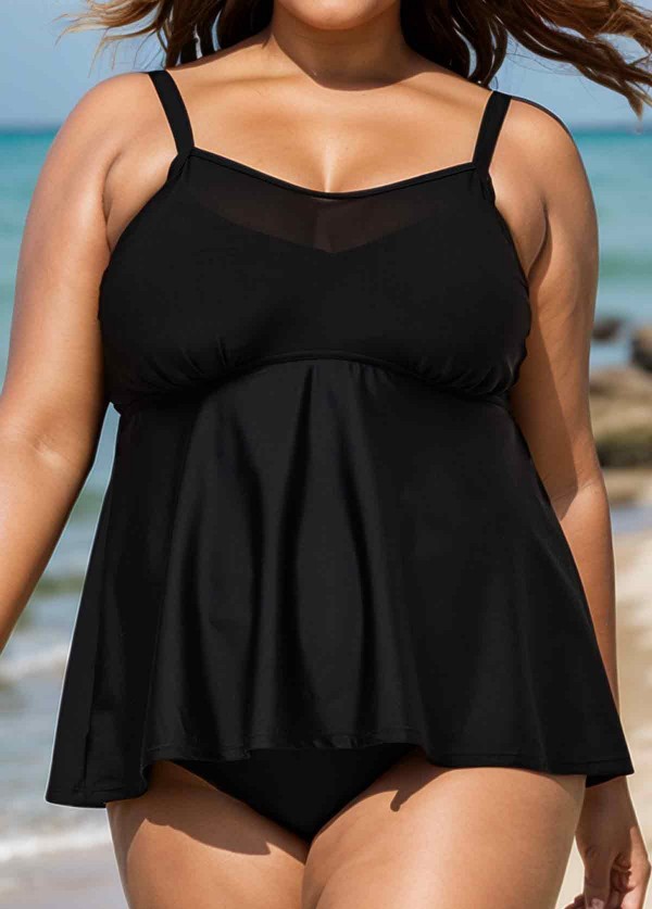 Black V-Neck Chest Mesh Plus Size Modest Fashion Tankini Swimsuit Top
