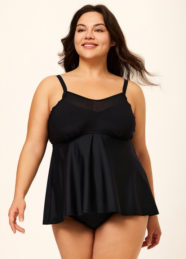 Black V-Neck Chest Mesh Plus Size Modest Fashion Tankini Swimsuit Top