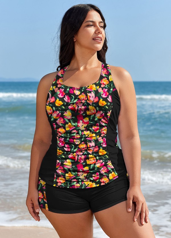 Curvy Red Floral Tummy Control Swimsuit And Swimwear Tankini Set