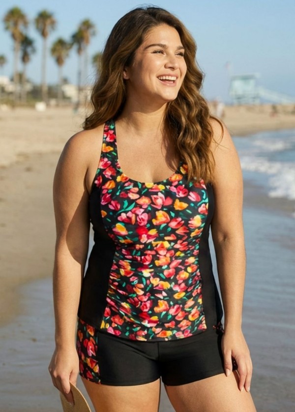 Curvy Red Floral Tummy Control Swimsuit And Swimwear Tankini Set