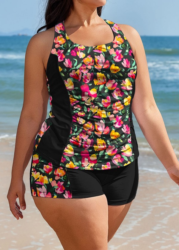 Curvy Red Floral Tummy Control Swimsuit And Swimwear Tankini Set