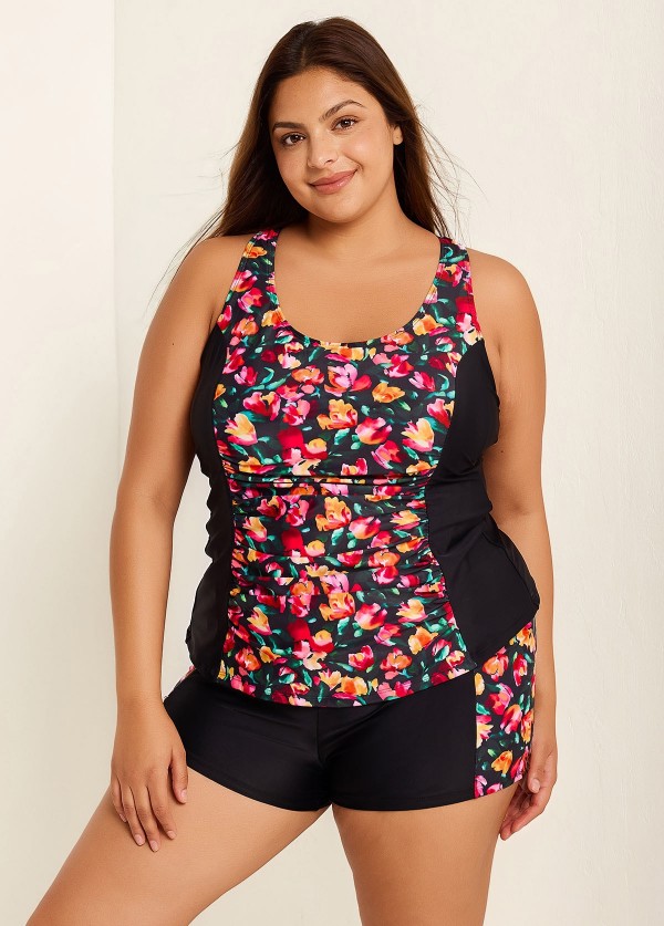 Curvy Red Floral Tummy Control Swimsuit And Swimwear Tankini Set