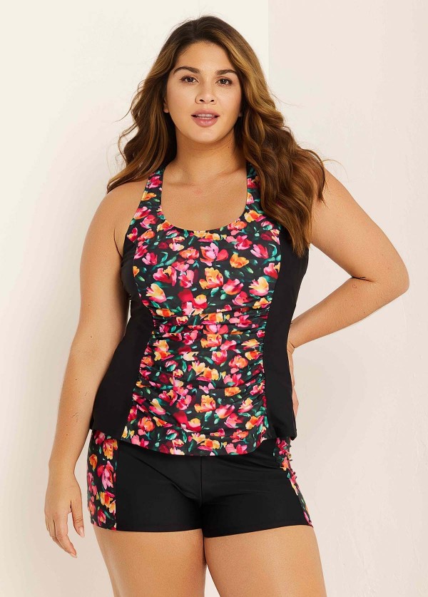 Curvy Red Floral Tummy Control Swimsuit And Swimwear Tankini Set