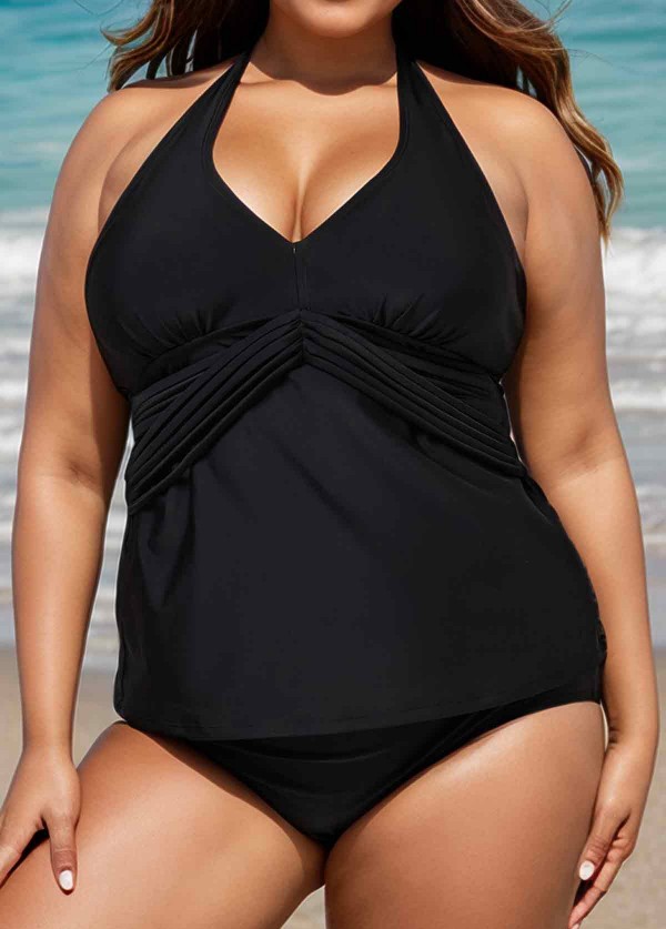 Black V Neck Waist Knot Plus Size Modest Fashion Tankini Swimsuit Top