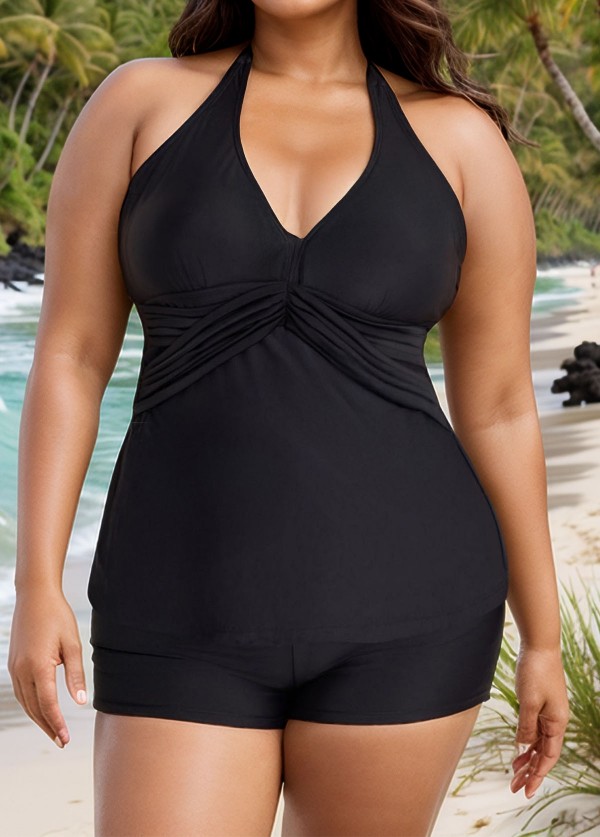 Black V Neck Waist Knot Plus Size Modest Fashion Tankini Swimsuit Top