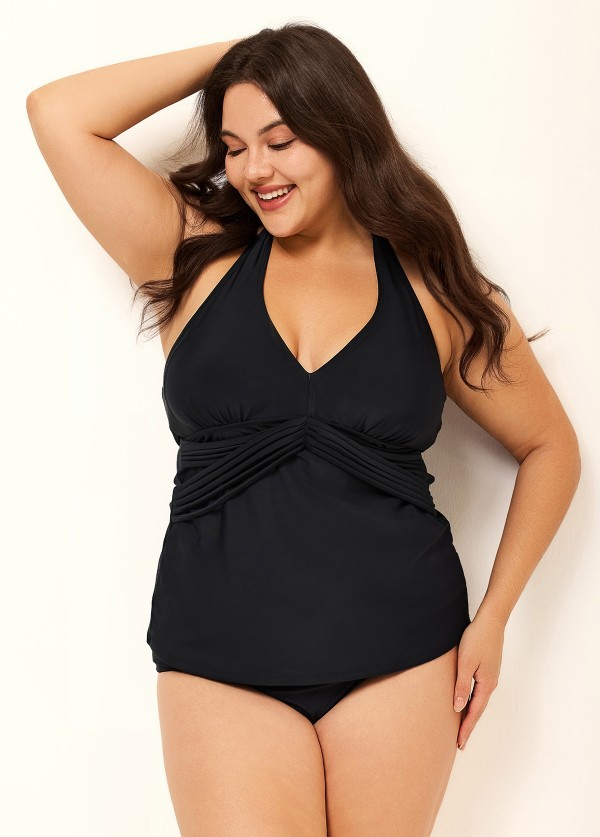 Black V-Neck Waist Knot Plus Size Modest Fashion Tankini Swimsuit Top