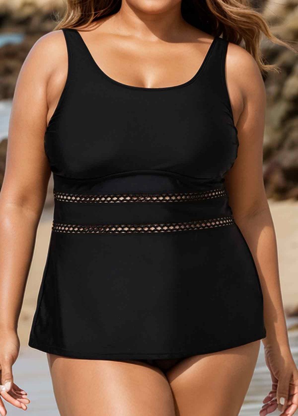 Black Scoop Neck Hollow Plus Size Modest Tankini Swimsuit Top