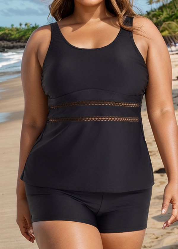 Black Scoop Neck Hollow Plus Size Modest Tankini Swimsuit Top