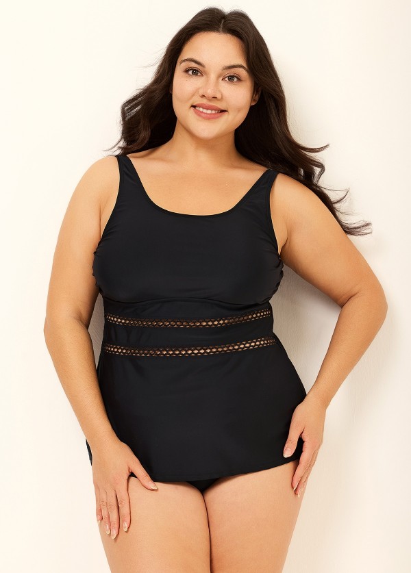 Black Scoop Neck Hollow Plus Size Modest Tankini Swimsuit Top