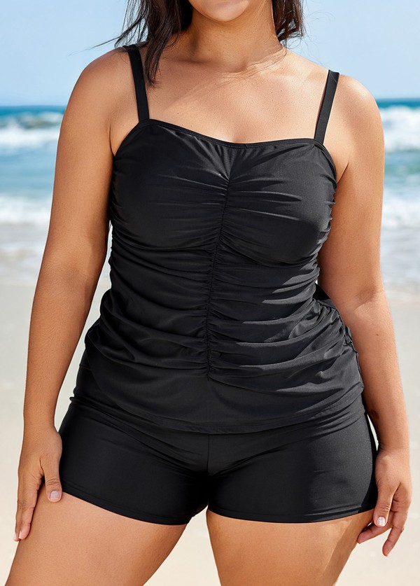 Black Plus Size Ruched Fashion Tankini Top