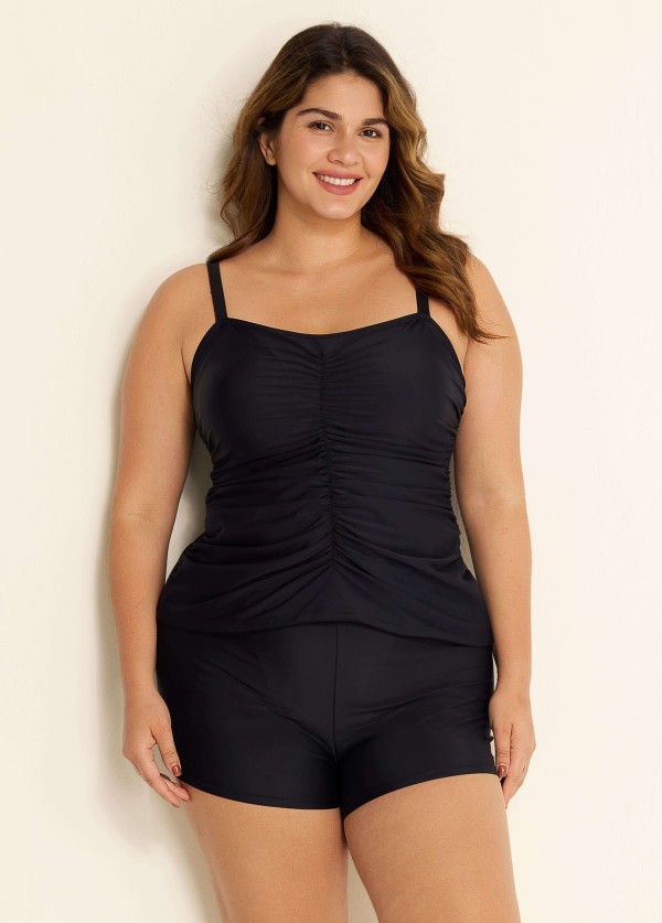 Black Plus Size Ruched Fashion Tankini Top