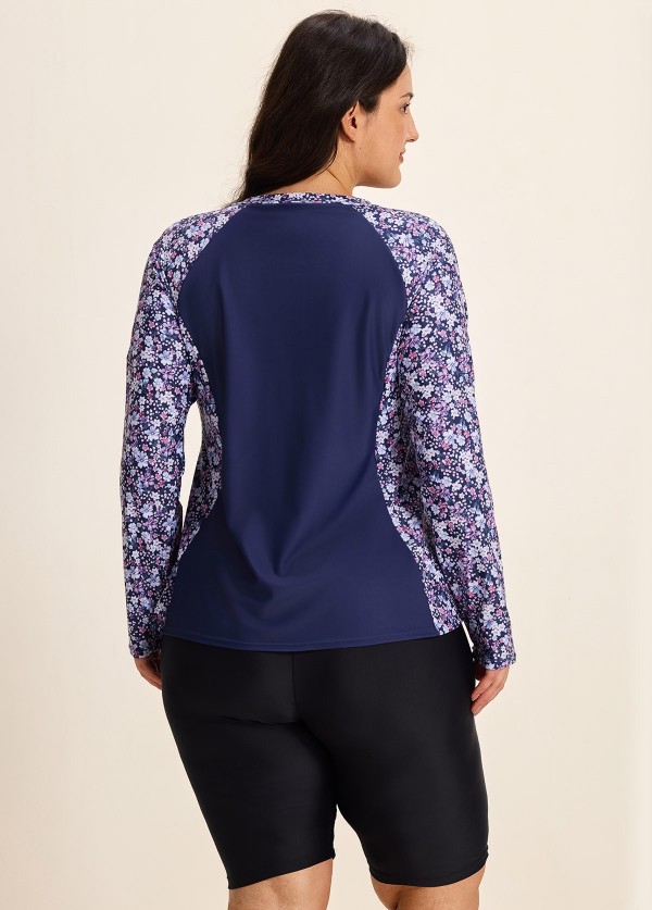 Purle Floral Print High Neck Upf50+ Long Sleeves Zipper Curvy Women's Swimsuit Shirt Tankini Top