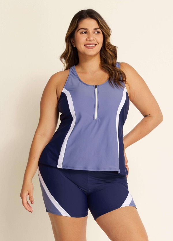 Blue And Purple Color Block Zip Front Sporty Two Piece Bathing Suits Tankini Set