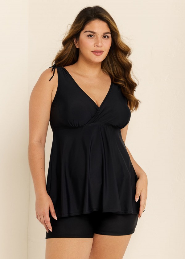 Black Wide Straps Wrap Curvy Two Piece Bathing Suits Tankini Top