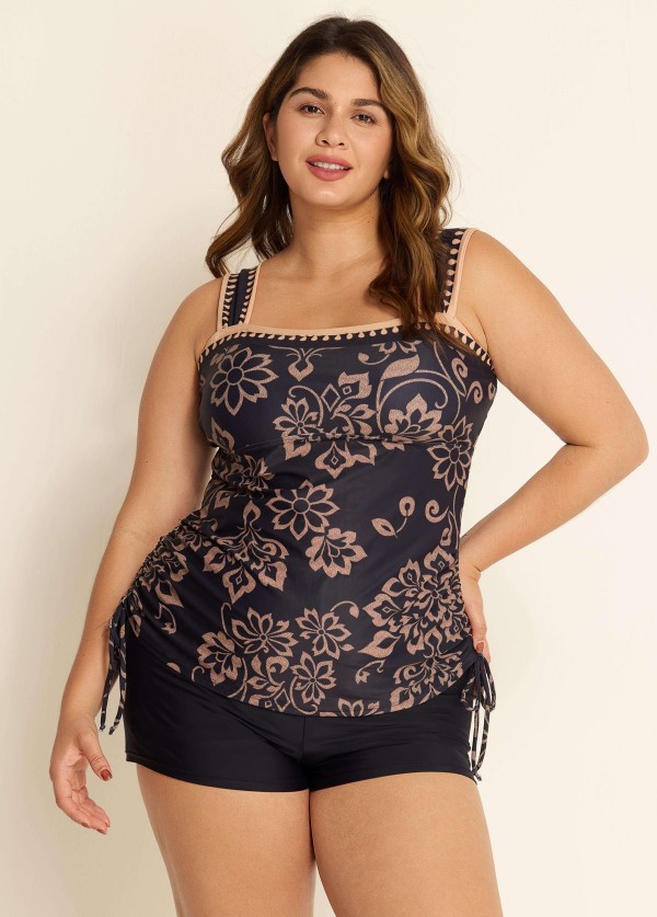 Black Floral Wide Straps Side Drawstring Plus Size Two Piece Swimsuit Tankini Top