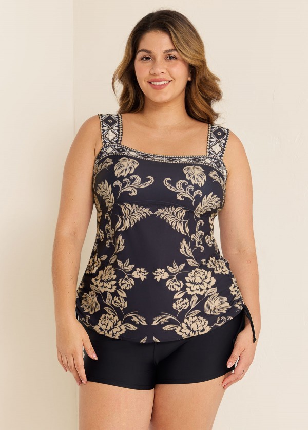Curvy Black And Yellow Wide Straps Side Drawstring Swimsuit Tankini Top