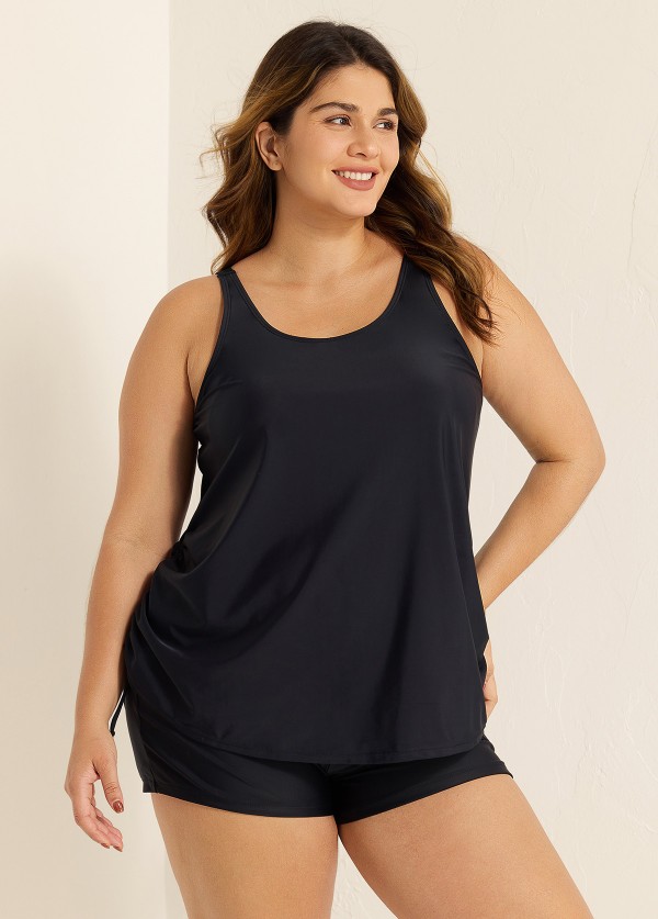 Black Solid Color Drawstring Plus Size Tankini Top