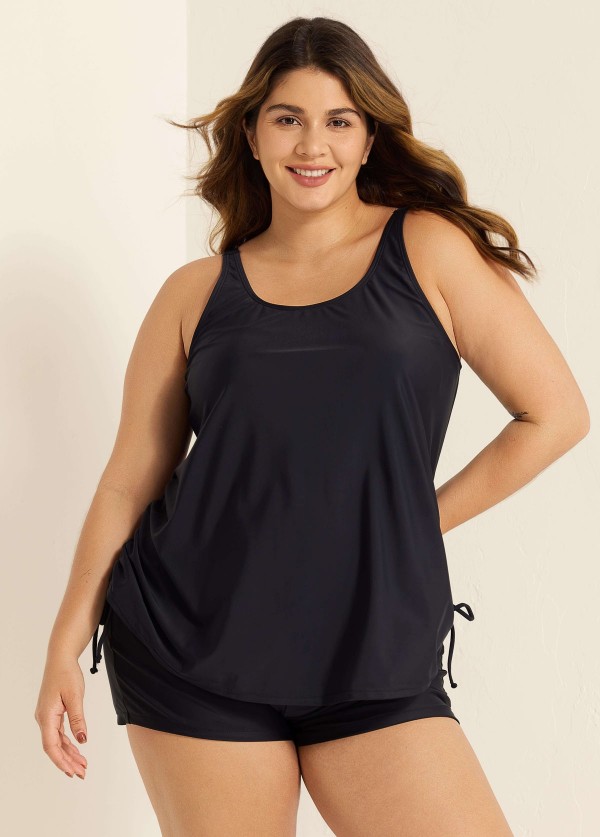 Black Solid Color Drawstring Plus Size Tankini Top