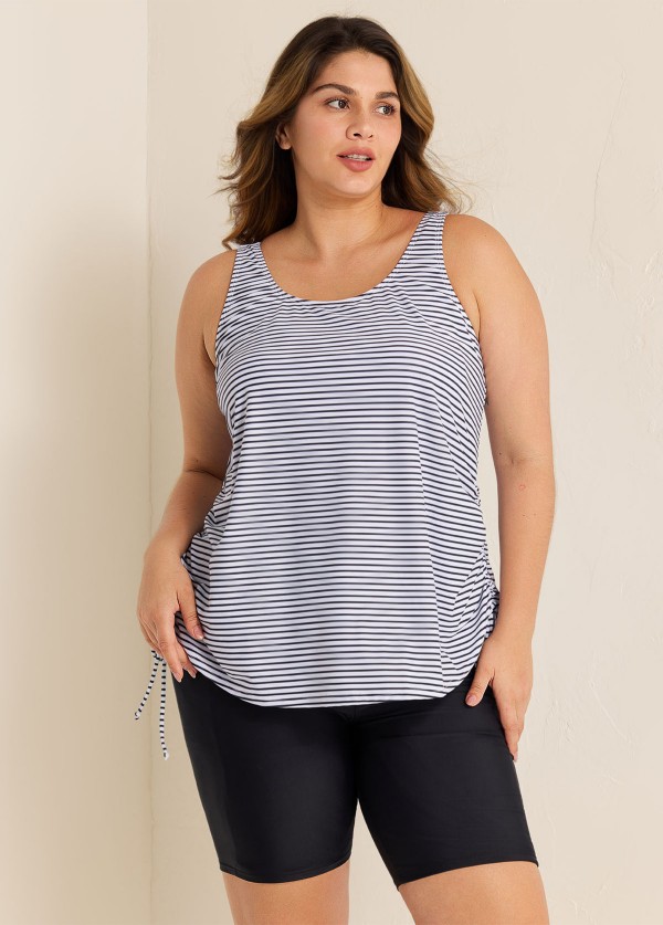 Curvy Black Stripe Drawstring Color Block Women'S Swimsuit Tankini Top