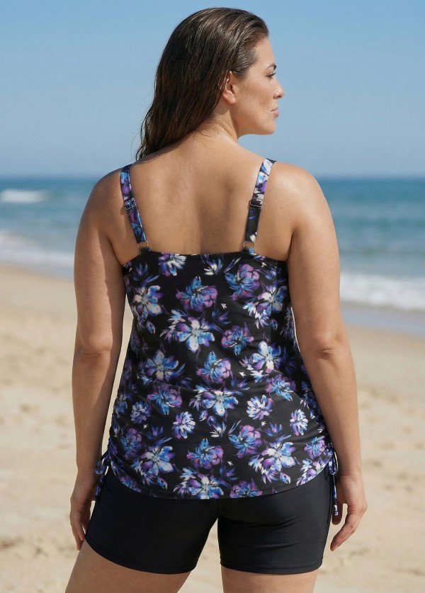 Plus Size Black Floral Scoop Neck Sleeveless Vintage Drawstring Women's Swimsuit Tankini Top
