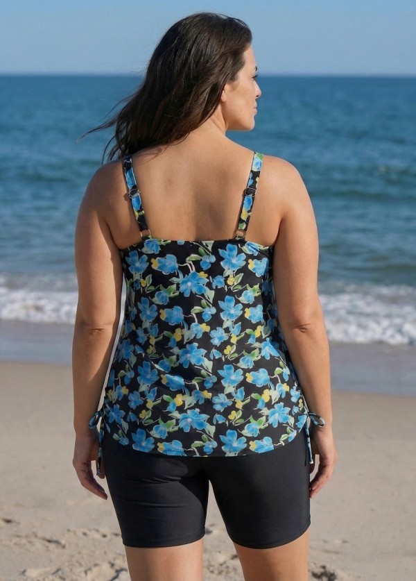 Green Floral Scoop Neck Sleeveless Modest Drawstring Curvy Women's Swimsuit Tankini Top