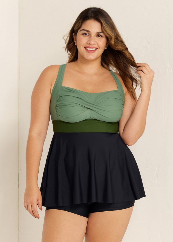 Green And Black Twist Front Patchwork Adjustable Straps Swimwear Tankini Top