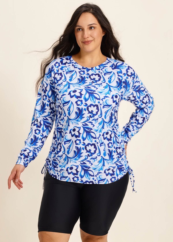 Curvy Blue And White Floral  Upf50+ Long Sleeves Side Drawstring Swimsuit Shirt Tankini Top