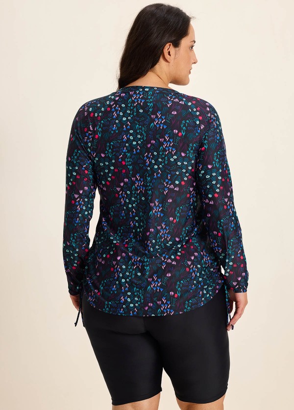 Plus Size BlackUpf 50+ Long Sleeves Drawstring Women's Swimsuit Rash Guards Tankini Top