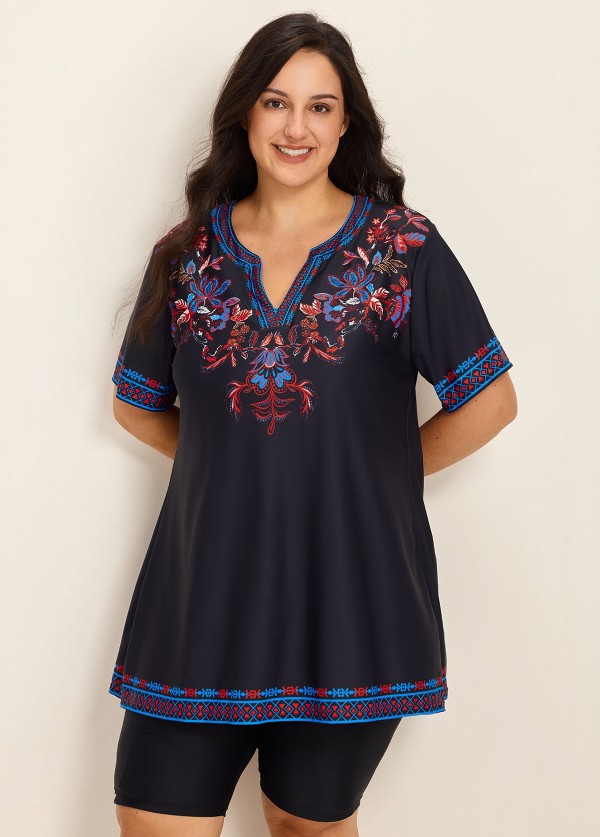 Plus Size Purple V Neck  Upf50+ Short Sleeves Modest Padded Swimsuit Long Tankini Top