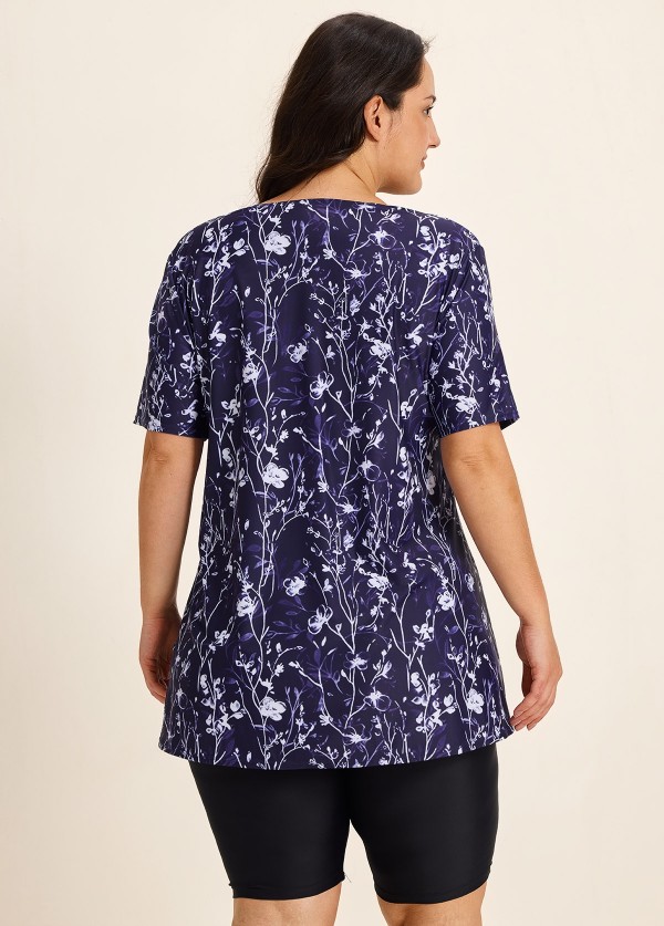 Curvy Purple Floral V Neck Upf50+ Short Sleeves Flattering Padded Swimsuit Long Tankini Top