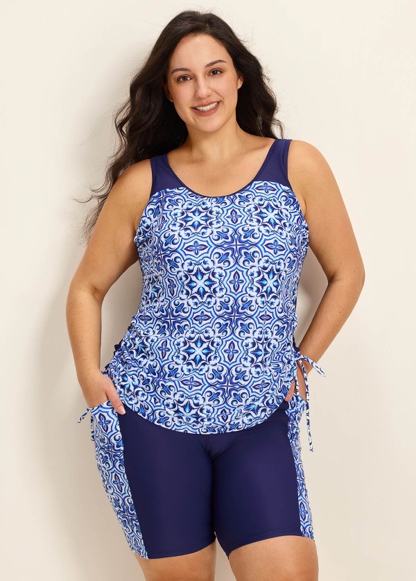 Blue Floral Print Scoop Neck Modest Built In Bra Drawstring Plus Size Women's Swimsuit Tankini Set