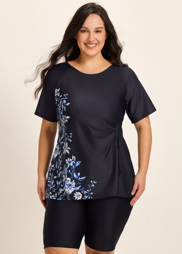 Curvy Black Floral Upf50+ Short Sleeves Vintage Side Drawstring Swimsuit Shirt Tankini Top