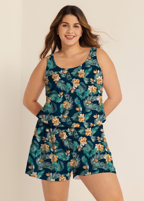 Green Swimming Costume Tropical Floral Scoop Neck Wide Strap Pocket Plus Size Swim Romper