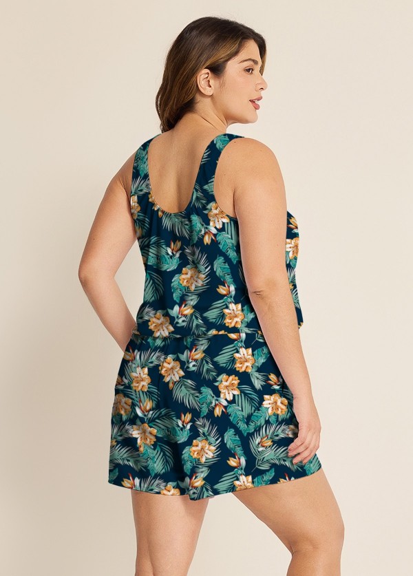 Green Swimming Costume Tropical Floral Scoop Neck Wide Strap Pocket Plus Size Swim Romper