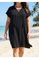 Black Lace Up Neckline Short Sleeves Plus Size Bathing Suit Cover Ups Dress