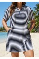 Plus Size Navy Striped Drawstring Hooded Beach Cover Ups Tee Dress