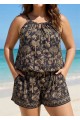 Plus Size Black Print High Neck Hollow With Pocket One Piece Swimsuit Swim Romper