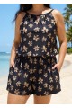 Yellow Floral Keyhole Neck Modest Pocket Curvy Women's Swimsuit One Piece Swim Romper