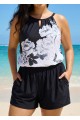 Black And White Floral High Neck Vintage Pocket Plus Size Swimsuit One Piece Swim Romper