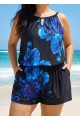 Blue Floral High Neck Flattering Pocket Plus Size Women's Swimsuit One Piece Swim Romper