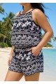Black White Tropical Print High Neck Modest Pocket Plus Size Swimsuit One Piece Swim Romper