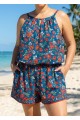 Blue Red Floral Keyhole Neck Vintage Pocket Curvy Women's Swimsuit One Piece Swim Romper