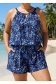 Navy Floral Keyhole Neck Flattering Pocket Curvy Women's Swimsuit One Piece Swim Romper