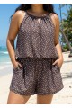 Brown White Polka Dot High Neck Flattering Pocket Plus Size Women's Swimsuit One Piece Swim Romper