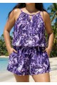 Purple Leaf High Neck Flattering Pocket Plus Size Women's Swimsuit One Piece Swim Romper