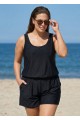Plus Size Black Wide Strap Pocket 1 Piece Bathing Suits Romper One Piece Swimsuit